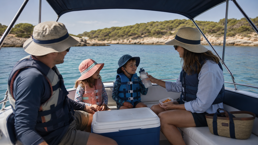Children resting in the shade with water during a family boat day