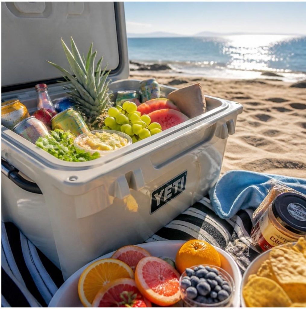 Pre-chilled food, ice packs and a thermometer inside a boat cooler