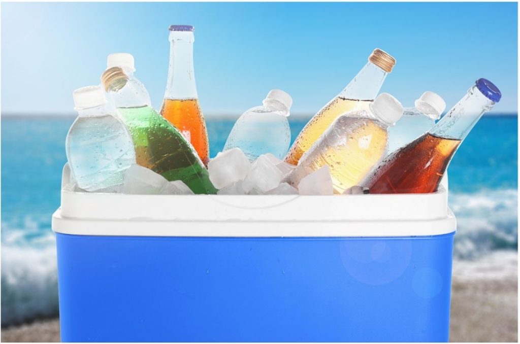 Water bottles and securely sealed drinks packed in a boat cooler