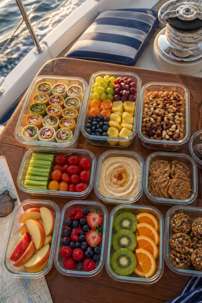 Wraps, fruit and snacks packed in sealed containers for a boat trip
