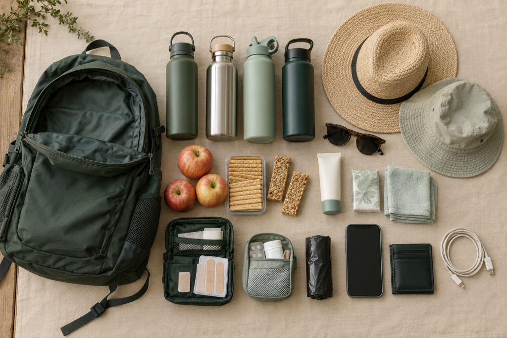Water bottles, snacks, sunscreen, wipes and a small first-aid pouch for a family day outside