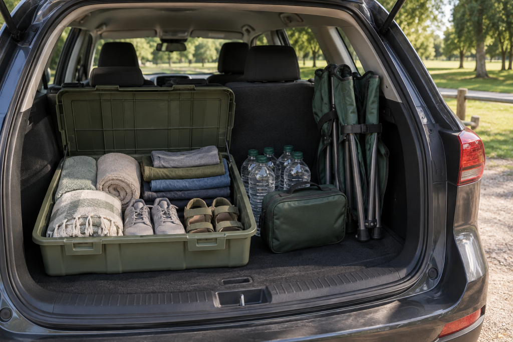 Extra water, towels, dry shoes and spare clothes stored in a car for an outdoor family day